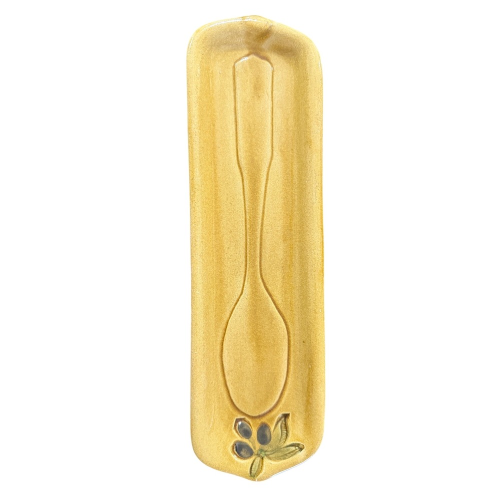 Mustard Yellow Ceramic Spoon Rest Olive Branch Motif Rustic Kitchen Decor